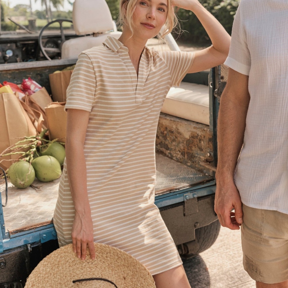 Demi Stripe Short Sleeve Polo Dress - Beige and White NWT Size XL